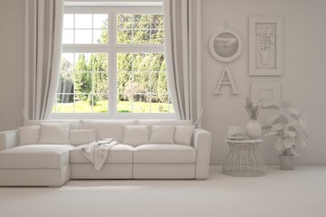 Bright interior design with modern furniture and summer landscape in window. 3D illustration