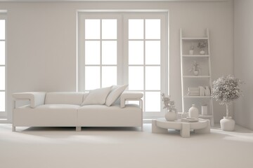 Grey interior desigh concept with furniture. 3D illustration