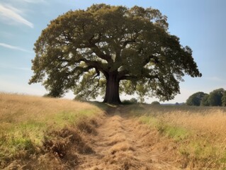 Fototapeta na wymiar A single oak tree standing strong and proud in a field