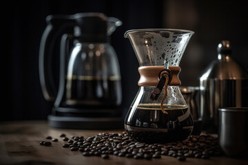 Hand drip coffee kit, barista pouring water on coffee ground with filter. Generative ai