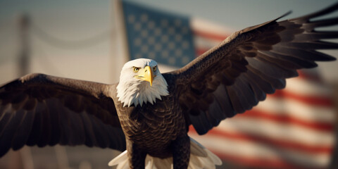 Naklejka premium An American Bald Eagle flies near the flag of the United States. Patriotic illustration of USA symbol. ai generated