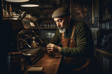 A coffee shop owner operating a vintage espresso machine. Generative ai