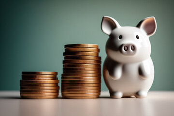 Une tire-lire cochon avec des pièces de monnaie empiler à côté, concept de l'économie et inflation - Generative IA