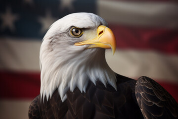 American bald eagle on the background of the flag of the United States. Patriotic illustration of USA symbol. generated by ai