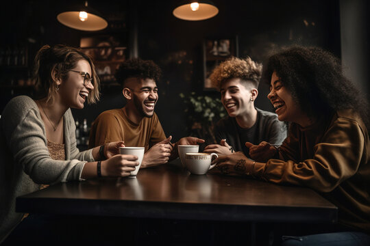 Group of friends sitting around a coffee table, laughing and chatting, with a variety of coffee drinks. Generative ai