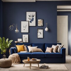 living room interior with sofa in blue color, generative ai