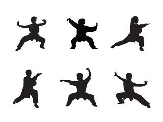 Wushu, kung fu, Taekwondo, Aikido. Silhouette of people isolated on white background. Sports positions. Design elements and icons. Fighting stance. Vector illustration. Set