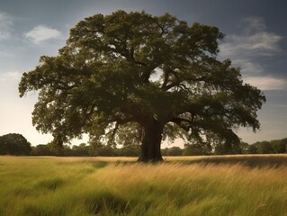 Fototapeta premium A single oak tree standing strong and proud in a field