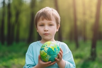 A young boy holding a green globe, symbolizing environmental awareness and responsibility created with Generative AI technology