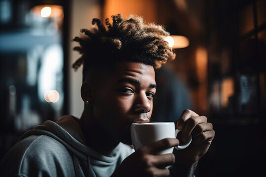 African American man with Afro hairstyle enjoying a cup of coffee . Generative ai
