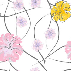 Pink Flowers Blooming Pattern. Pastel Watercolor.