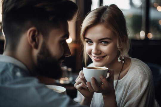 Young attractive couple drink coffee and have a rest in cozy loft coffee shop. Generative ai