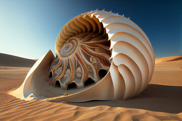 Beautiful huge shell on the beach. Sunny summer day. AI generated. Travel vacation concept.