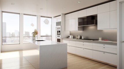 Fototapeta na wymiar Kitchen interior design. A modern minimalist kitchen with clean lines and white cabinets. Generative Ai
