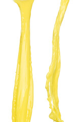 Fototapeta premium Banana juice flying fall down, yellow banana chopped slice juice wave explode. Yellow paint color splash throwing in Air. White background Isolated high speed shutter, throwing freeze stop motion
