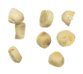 Banana juice flying fall down, yellow banana chopped slice juice wave explode. Yellow paint color splash throwing in Air. White background Isolated high speed shutter, throwing freeze stop motion