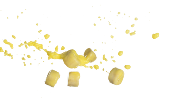 Banana juice flying fall down, yellow banana chopped slice juice wave explode. Yellow paint color splash throwing in Air. White background Isolated high speed shutter, throwing freeze stop motion