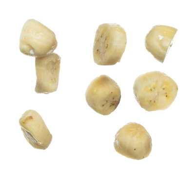 Banana juice flying fall down, yellow banana chopped slice juice wave explode. Yellow paint color splash throwing in Air. White background Isolated high speed shutter, throwing freeze stop motion