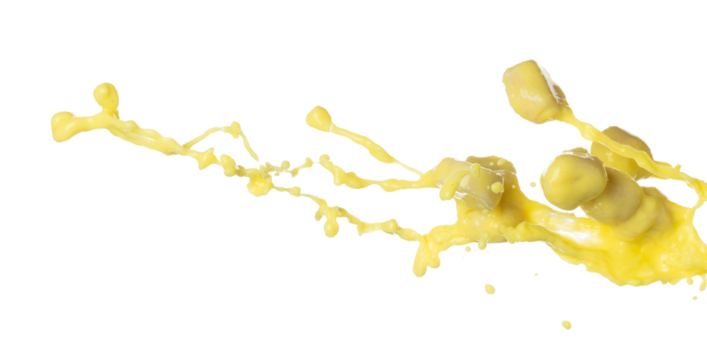 Banana juice flying fall down, yellow banana chopped slice juice wave explode. Yellow paint color splash throwing in Air. White background Isolated high speed shutter, throwing freeze stop motion