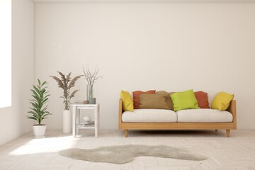 White living room with sofa. Scandinavian interior design. 3D illustration