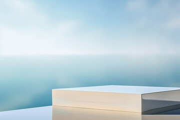 A white podium sits on a table in front of a blue sky. generative ai