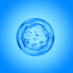 Clean transparent water drop  on blue bubble background. 3D illustration concept for medical healthcare, social freezing, covid-19 vaccine, femtech and artificial fertilization. 3d rendering