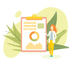 Vector illustration young woman nutritionist pointing at clipboard with diet plan. Healthy balanced diet vitamins minerals nutrition gut health concept
