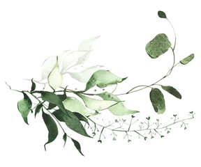 Watercolor greenery bouquet. Green, blue, turquoise wild eucalyptus branches, leaves arrangement. Cut out hand drawn PNG illustration on transparent background. Isolated clipart. © satika