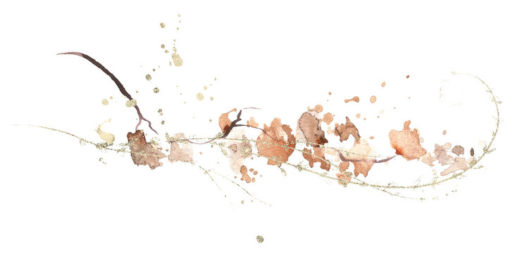 Watercolor floral arrangement. Orange, beige, brown, golden textured autumn wild branches, leaves and twigs. Cut out hand drawn PNG illustration on transparent background. Isolated clipart.