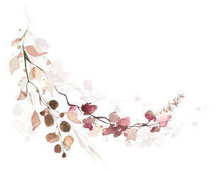 Watercolor floral frame. Pink, beige, brown autumn wild flowers, eucalyptus branches, leaves and twigs. Cut out hand drawn PNG illustration on transparent background. Isolated clipart.