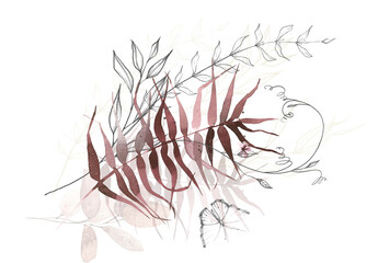 Watercolor floral arrangement. Burgundy autumn and exotic palm branch, leaves and twigs and gray sketch drawing lines. Cut out hand drawn PNG illustration on transparent background. Isolated clipart.