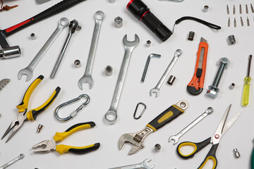Set of tools for repair in a case on a white background. Assorted work or construction tools. Wrenches, Pliers, screwdriver. Top view