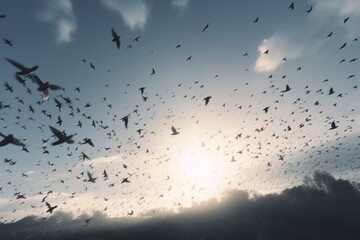 A detailed illustration of a flock of birds in flight, Generative AI