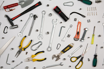 Set of tools for repair in a case on a white background. Assorted work or construction tools. Wrenches, Pliers, screwdriver. Top view