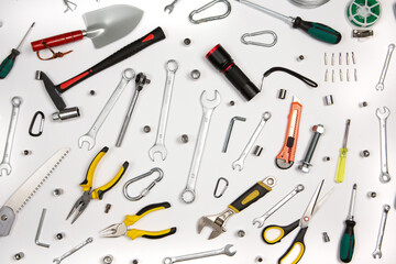 Set of tools for repair in a case on a white background. Assorted work or construction tools. Wrenches, Pliers, screwdriver. Top view