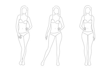 Woman body. Vector full-length girl standing portrait. Set of body-positive female. Different posing figures. Fashion silhouette outline line illustration