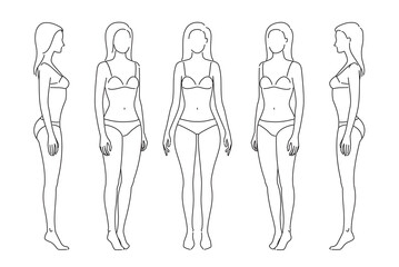 Woman body. Full-length standing portrait. Set of body-positive female. Five angles figure front, 3 of 4, side views shape. Vector fashion silhouette outline line illustration