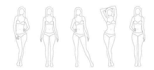 Woman body. Vector full-length girl standing portrait. Set of body-positive female. Different posing figures. Fashion silhouette outline line illustration