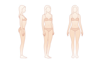 Woman body. Full-length standing portrait. Set of body-positive female. Five angles figure front, 3 of 4, side views shape. Vector fashion silhouette outline line illustration