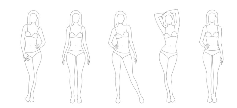 Woman body. Vector full-length girl standing portrait. Set of body-positive female. Different posing figures. Fashion silhouette outline line illustration