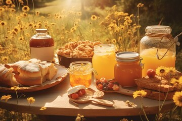 A delightful, honey picnic , featuring an array of honey infused treats, such as glazed pastries, honey drizzled fruit, and refreshing honey lemonade, on lush, sunlit meadow backdrop. Generative AI