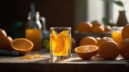 Glass of homemade orange juice on the table. Generative AI