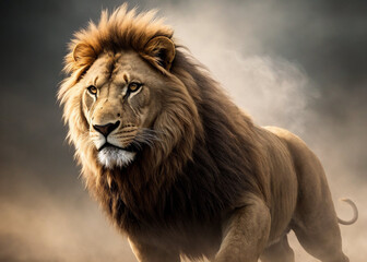 Powerful lion in the burning smoky savannah, in ruins. Generated by neural model