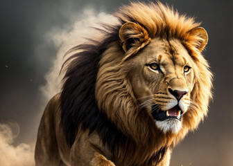 Fototapeta na wymiar Powerful lion in the burning smoky savannah, in ruins. Generated by neural model