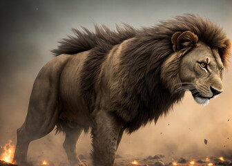 Powerful lion in the burning smoky savannah, in ruins. Generated by neural model