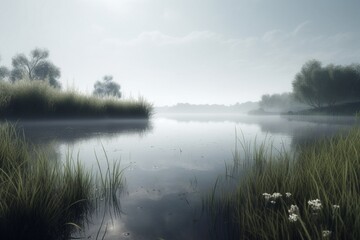 Fototapeta na wymiar A minimalist landscape with a peaceful pond or lake, Generative AI