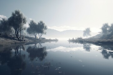 Obraz na płótnie Canvas A minimalist landscape with a peaceful pond or lake, Generative AI