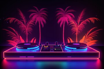 Tropical Neon Dj Illustration with Palm Trees in the Background - obrazy, fototapety, plakaty