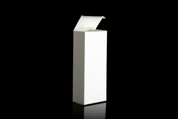 Package box rectangle, blank advertise template for products packaging. White color empty closed cardboard container against black background