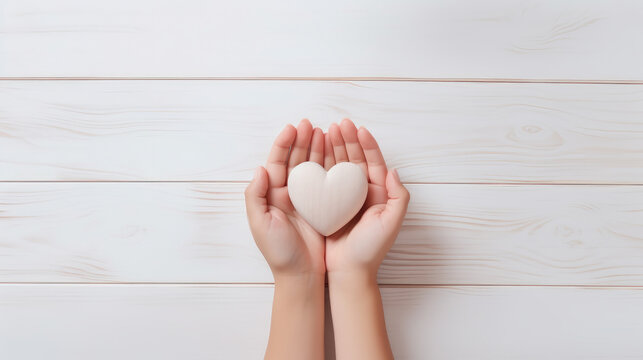 manos de niña sosteniendo un corazon,con fondo de madera blanca.Ilustración de IA Generativa 